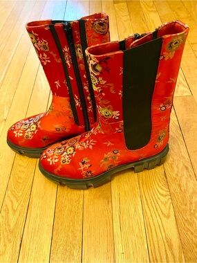 Free People Red Floral Satin Boots with Chunky Black Sole